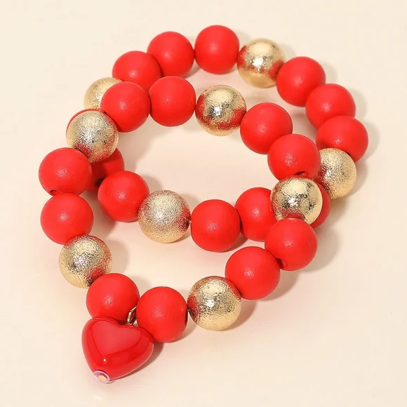 2PC - Chunky Heart Charm Wooden Metal Ball Beaded Stretch Multi Layered Bracelet - Picture 5 of 6